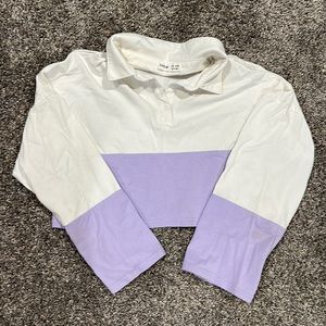 long sleeve half button up half white half purple